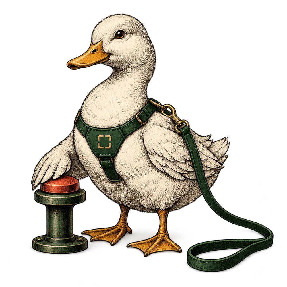 The Leash duck in a green harness, one wing on a red stop button